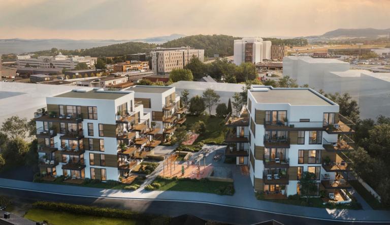 Utvendig bilde av prosjektet. Leiligheten er i andre etasje, og ligger til i bygget helt til høyre i bildet. (Bildet er et illustrasjonsfoto lånt fra boligprosjektets hjemmeside). 